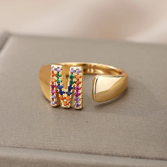 Rainbow Zircon Letter Rings For Women Fashion Chunky Wide Letter A-Z Stainless Steel Ring Wedding Boho Jewelry Gift 2024