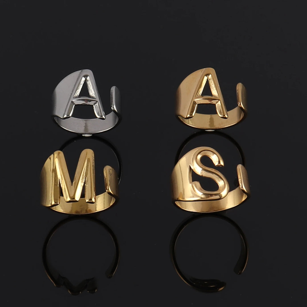 Fashion Stainless Steel Ring Letter Initial Ring Letter Rings For Women Men Open Ring Couple Alphabet Bijoux Femme Jewelry Gift